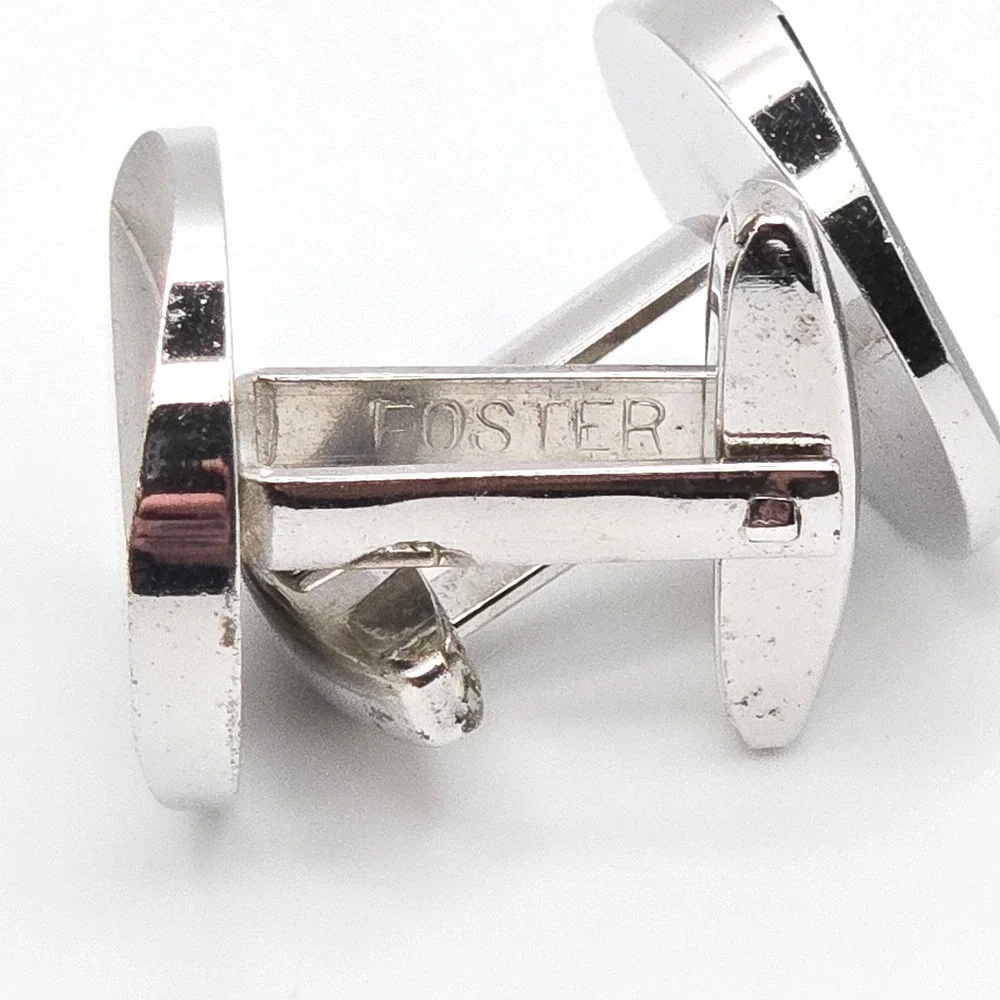 Vintage Silver Tone Round & Rhinestone Rectangle Foster Cufflinks Set of 2 Pairs